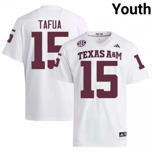 White Caleb Tafua #15 TAMU Jersey | Youth High School Football Moisture Wicking Stitched 45828292